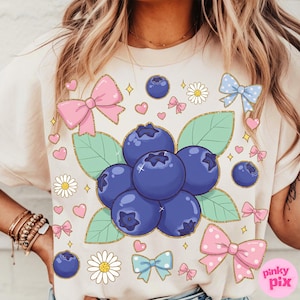 Blueberry PNG Clipart, Kawaii Fruit Bow Design, Summer Aesthetic Shirt PNG, Cute Blueberry Sublimation, Girly Coquette Digital File