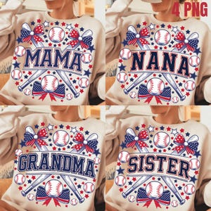 May include: Four beige sweatshirts with a baseball theme. Each sweatshirt features a different word: "Mama", "Nana", "Grandma", and "Sister". The words are in navy blue with red and white accents. The sweatshirts are decorated with baseball bats, baseballs, red and blue bows, and white stars.