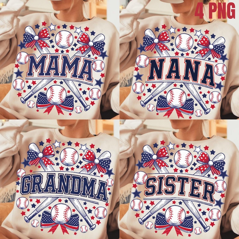 May include: Four beige sweatshirts with a baseball theme. Each sweatshirt features a different word: "Mama", "Nana", "Grandma", and "Sister". The words are in navy blue with red and white accents. The sweatshirts are decorated with baseball bats, baseballs, red and blue bows, and white stars.