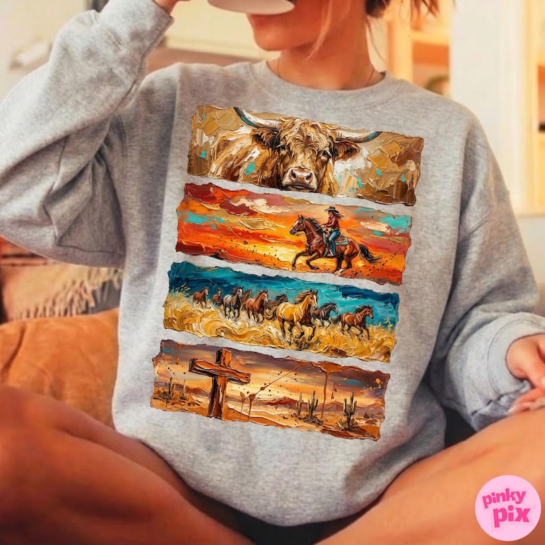 Western Cowboy PNG: Brushstroke Horse Longhorn Cross Sublimation Design, Trending Digital Download image 10