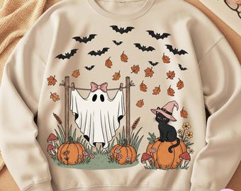 Gatto fantasma carino retrò di Halloween PNG, Gatto strega carino e fantasma sublimazione, Maglietta zucca autunnale da ragazza PNG, Stagione spettrale vintage PNG, Digitale