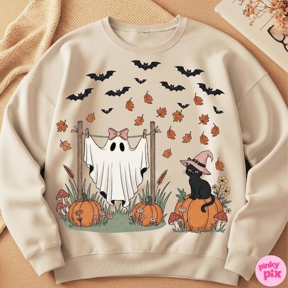 Retro Halloween Cute Ghost Cat Png, Cute Witch Cat and Ghost Sublimation, Girly Fall Pumpkin Shirt Png, Vintage Spooky Season Png, Digital