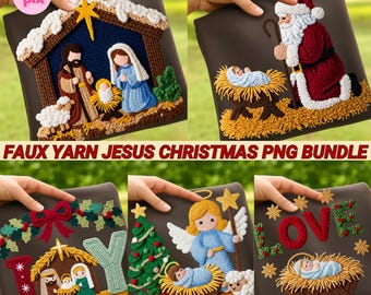 Faux Yarn Jesus Christmas PNG Bundle: Crochet Nativity Scene Christian Sublimation Design
