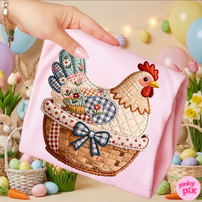 May include: A pink fabric item with an embroidered chicken design. The chicken is in a basket with a blue bow. The chicken has a patchwork design with floral and gingham patterns. Easter-themed decor is in the background.