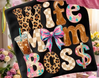 Wife Mom Boss PNG: Leopard Coffee Funny Motherhood Checkered Sublimation Design, Trending Digital Download