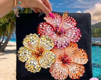 Hibiscus Flower PNG: Tropical Summer Rhinestone Crystal Floral Graphic Sublimation Design, Trending Digital Download