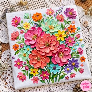 May include: A square canvas featuring a vibrant floral arrangement. The flowers are in shades of pink, orange, yellow, and purple, with green leaves. The artwork has a textured, raised appearance, giving it a 3D effect. The background is a light gray.