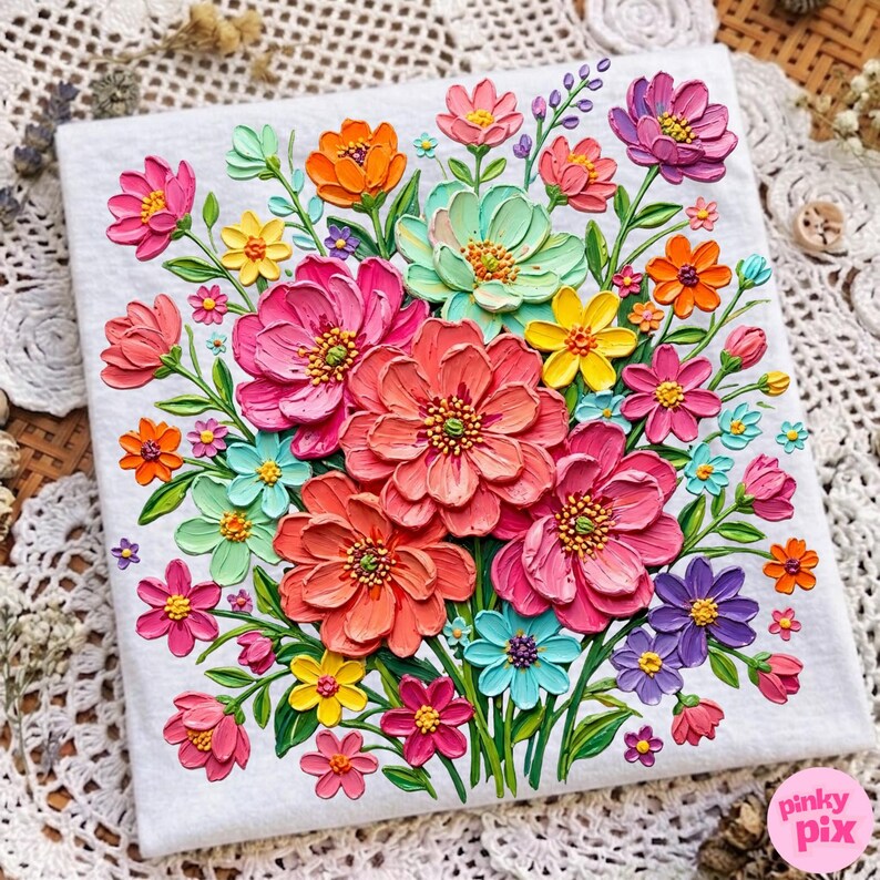 May include: A square canvas featuring a vibrant floral arrangement. The flowers are in shades of pink, orange, yellow, and purple, with green leaves. The artwork has a textured, raised appearance, giving it a 3D effect. The background is a light gray.