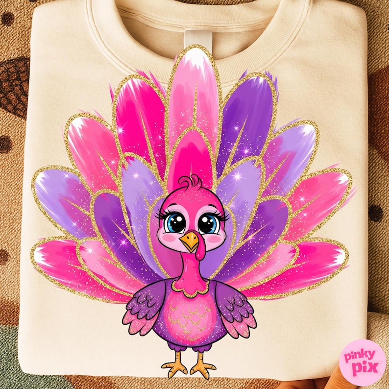 May include: Cream-colored sweatshirt featuring a cartoon turkey design. The turkey has a pink body, purple and pink feathers with gold glitter accents, and large blue eyes. The design is centered on the front of the sweatshirt.