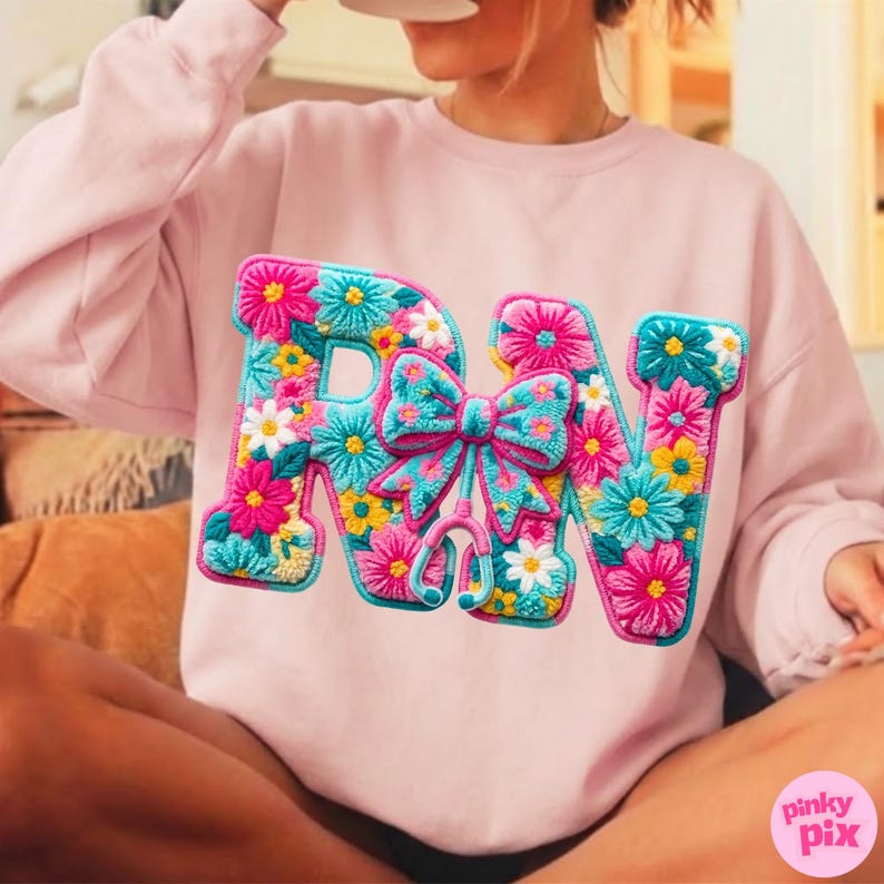 RN Nurse PNG: Floral Registered Nurse Faux Yarn Bow Sublimation Design, Trending Digital Download image 9