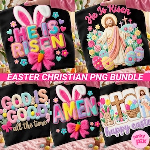 Peut inclure: Plusieurs sacs fourre-tout noirs avec des motifs colorés sur le thème de Pâques. Les motifs incluent des phrases comme "He Is Risen" et "God Is Good", ainsi que des œufs de Pâques, des lapins et des éléments floraux. Le texte "Easter Christian PNG Bundle" est également visible.
