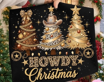 Howdy Christmas PNG: Western Gold Glitter Leopard Tree Sublimation Design