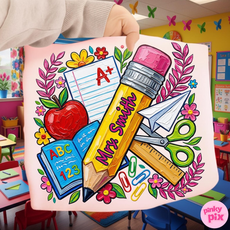 Pu&ograve; includere: Una stampa rosa con illustrazioni a tema scolastico. Una grande matita gialla con "Mrs. Smith" &egrave; circondata da una mela, un libro aperto, forbici, un aeroplano di carta e fiori. La stampa include anche un foglio di carta con un A+.