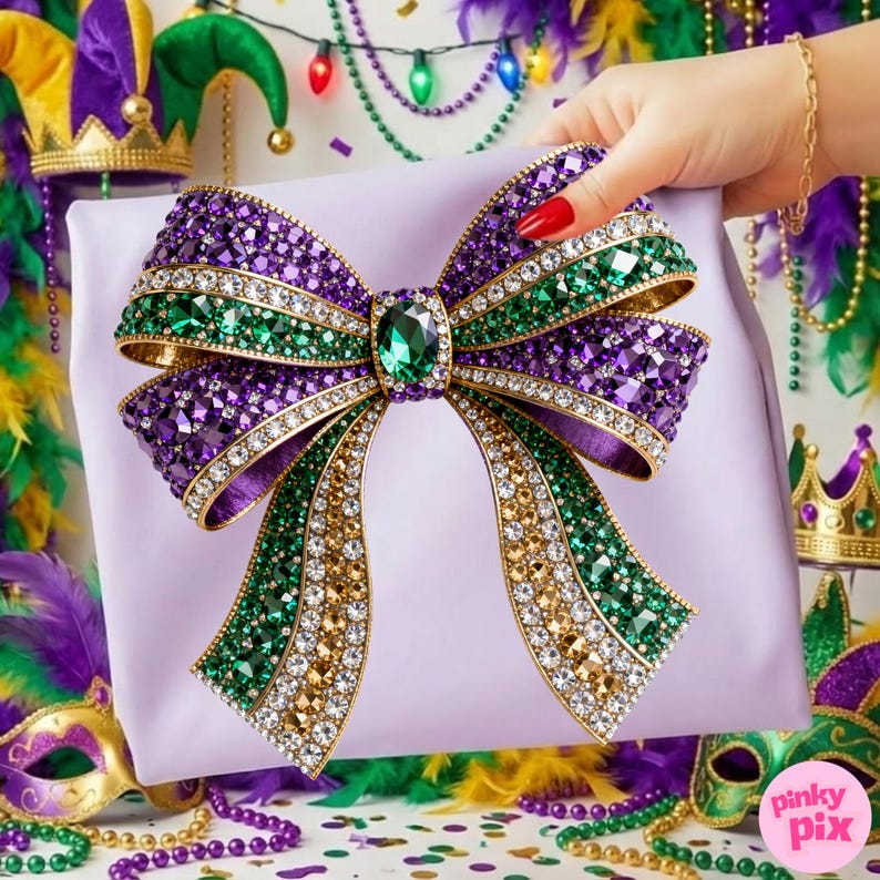 May include: A lavender gift box adorned with a large, ornate bow. The bow features purple, green, and gold embellishments, with a large green jewel at the center. The bow is covered in sparkling rhinestones, creating a festive and glamorous look.