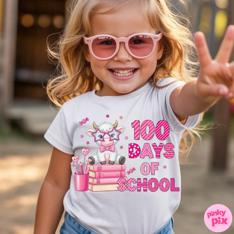 Pu&ograve; includere: T-shirt bianca con una grafica di una mucca con occhiali e papillon, seduta su libri rosa. Il testo "100 DAYS OF SCHOOL" &egrave; in rosa. La ragazza indossa occhiali da sole rosa.