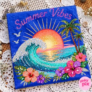May include: A blue canvas with a mosaic design featuring a sunset, ocean waves, palm trees, and hibiscus flowers. The words "Summer Vibes" are written across the top. The artwork is embellished with sparkling crystals.