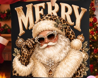ヒョウ柄メリークリスマスサンタPNG：フェイクラインストーンレトロブージーグラムブリングホリデー昇華デザイン