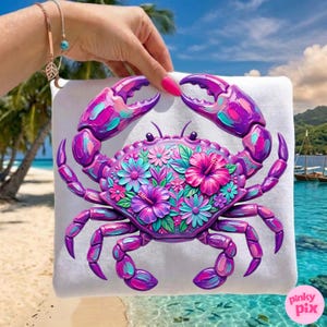 May include: A white square pillow featuring a vibrant, stylized crab design. The crab is predominantly purple with teal and pink accents, and its shell is adorned with colorful flowers. The background shows a tropical beach scene.