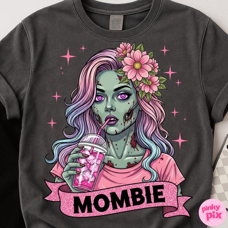 May include: Dark gray sweatshirt featuring a zombie woman with pink and purple hair, wearing a pink shirt and flower crown. She is drinking from a pink iced beverage. The word "MOMBIE" is on a pink banner.