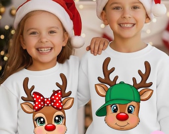 Kids Reindeer Christmas PNG Bundle: Holiday Deer Girl With Bow & Boy With Cap Sublimation Designs