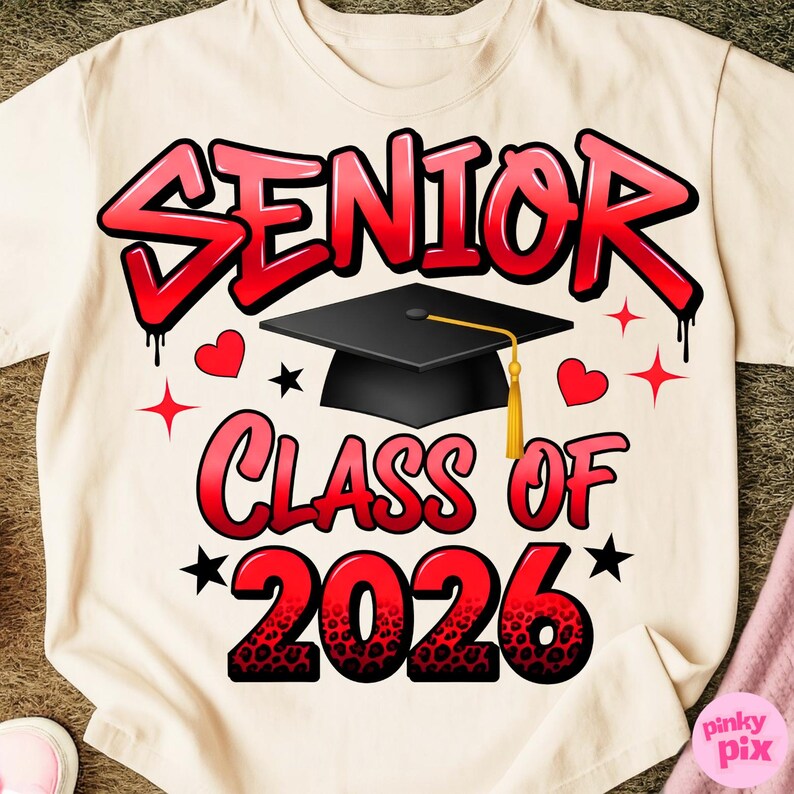 May include: Cream-colored t-shirt with a red and black graphic design. The design includes the word "SENIOR" in a graffiti-style font, a graduation cap, and the text "CLASS OF 2026". Hearts and stars are also included in the design.