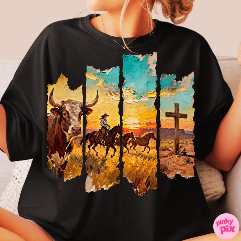 May include: Black t-shirt featuring a Western-themed graphic. The design includes a bull, a cowboy on horseback, and a cross, set against a sunset backdrop. The artwork has a textured, painted appearance, with a color palette of browns, oranges, and blues.