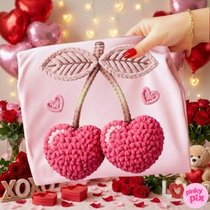 Faux Crochet Valentines Day Cherry PNG: Pink Yarn Heart Love Gift Sublimation Design