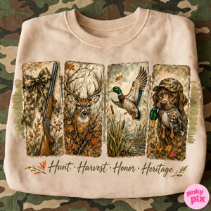 May include: A beige crewneck sweatshirt featuring four rectangular panels with illustrations of a camouflage bow, a shotgun, a deer, a flying mallard duck, and a dog wearing a camouflage hat holding a duck. The text reads Hunt Harvest Honor Heritage.
