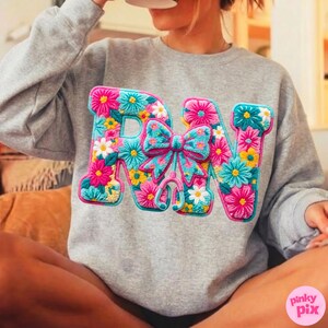 RN Nurse PNG: Floral Registered Nurse Faux Yarn Bow Sublimation Design, Trending Digital Download image 6