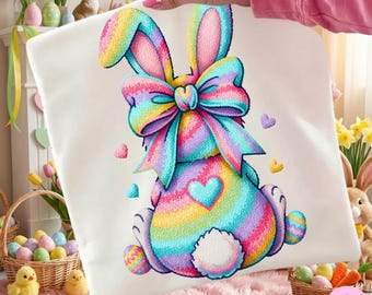 Easter Bunny PNG, Rainbow Faux Yarn Coquette Bow Spring Sublimation Design, Trending Digital Download