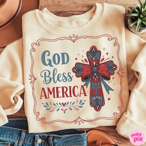 God Bless America Png, Patriotic Cross With Bow Sublimation, Christian 4th Of July Shirt Png, Red White Blue Faith Png, Country USA Png