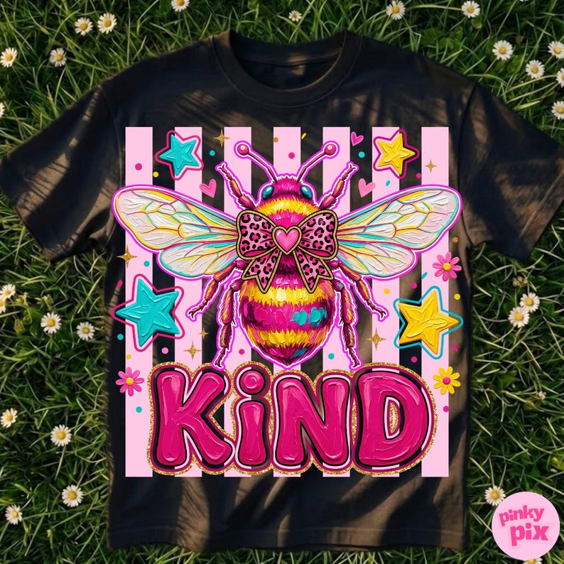 May include: Black t-shirt featuring a colorful illustration of a bee with a bow and the word "KIND" in pink. The bee has yellow and pink stripes, with blue, yellow, and pink stars around it. The background has pink and white stripes.