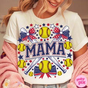 Imagem PNG de mãe jogadora de softball, sublimação para o 4 de julho, clipart patriótico de mãe esportista, imagem PNG de mãe jogadora de softball em vermelho, branco e azul, camiseta de beisebol com a bandeira dos EUA imagem 5