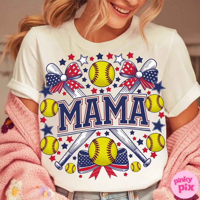 Imagem PNG de mãe jogadora de softball, sublimação para o 4 de julho, clipart patriótico de mãe esportista, imagem PNG de mãe jogadora de softball em vermelho, branco e azul, camiseta de beisebol com a bandeira dos EUA imagem 5