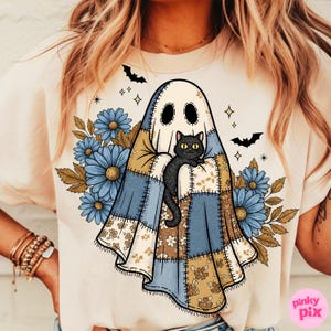 Patchwork Ghost Cat PNG: Mysig Halloween blå denim sublimeringsdesign