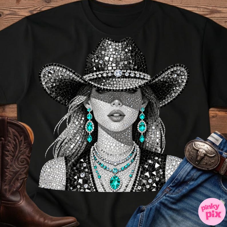 May include: Black t-shirt featuring a rhinestone-studded cowgirl illustration. The design includes a sparkling cowboy hat, turquoise jewelry, and a vest. A pair of brown cowboy boots and blue jeans are visible.