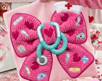 Nurse Bow PNG: Faux Yarn Pink Coquette Stethoscope Medical Sublimation Design, Trending Digital Download