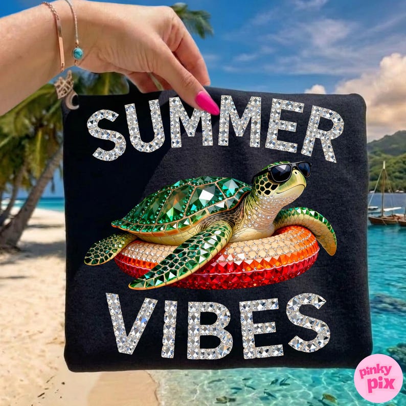 May include: Black tote bag with the words "SUMMER VIBES" in silver glitter. A bejeweled green sea turtle wearing sunglasses floats on an orange and red inflatable ring. The background shows a beach scene.