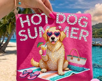 Hot Dog Summer PNG: Golden Retriever Beach Coquette Bow Rhinestone Paw Mom Bling Design