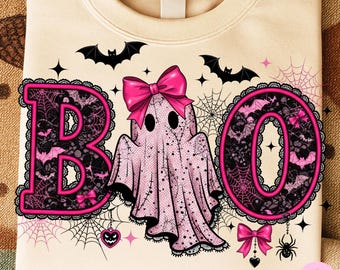 Fantasma de renda fofo em PNG, laço rosa coquete para sublimação de Halloween (download digital)