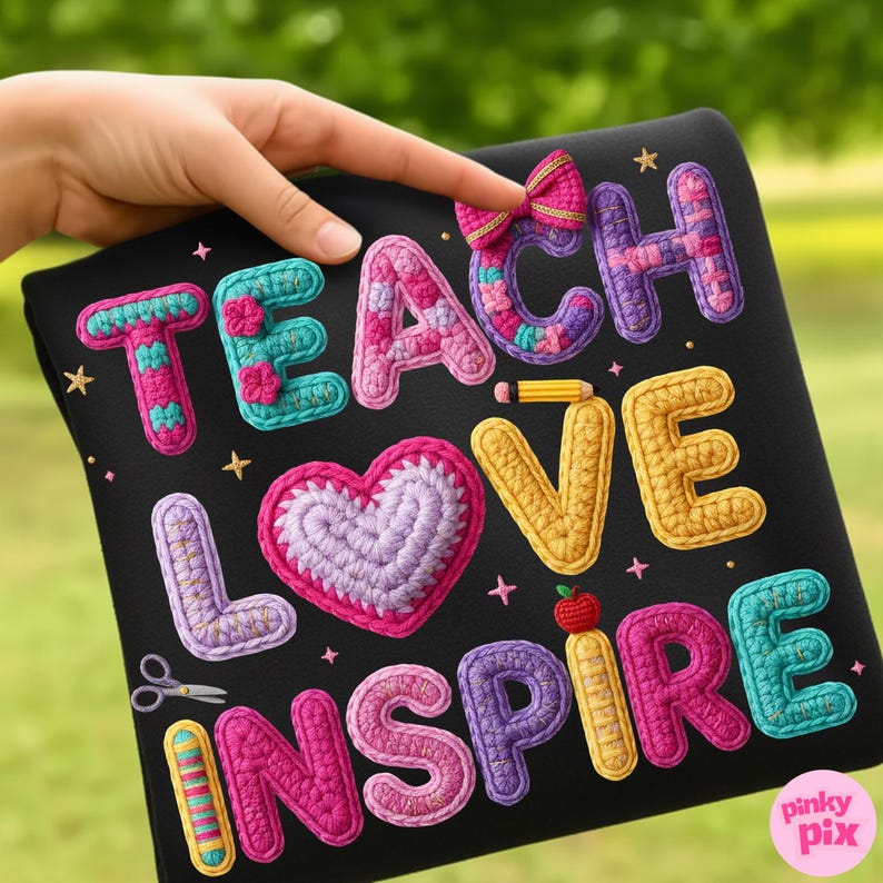 Pu&ograve; includere: Quadrato nero con le parole "TEACH LOVE INSPIRE" in lettere colorate all'uncinetto. Sono presenti anche un cuore, un fiocco e una mela all'uncinetto. Il design include piccole stelle e una matita.