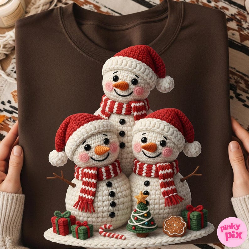 May include: A brown sweatshirt featuring a crocheted snowman family wearing red and white hats and scarves. The snowmen have carrot noses and twig arms. Presents, a Christmas tree, and a gingerbread cookie are at the base of the snowmen.