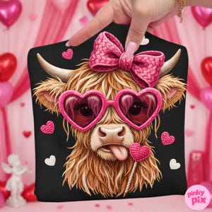 Faux Yarn Valentines Day Highland Cow PNG: Pink Coquette Bow Heart Love Sublimation Design image 1