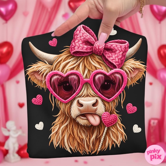 Faux Yarn Valentines Day Highland Cow PNG: Pink Coquette Bow Heart Love Sublimation Design