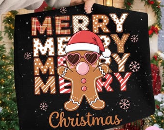 Pan de jengibre navideño (PNG), gorro de Papá Noel con hombrecito de jengibre retro moderno (PNG), diseño de sublimación de galleta navideña de bastón de caramelo, descarga digital