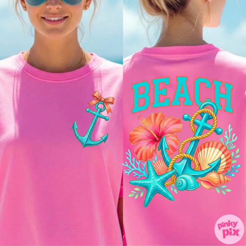 May include: A pink crew neck t-shirt with a teal anchor graphic and a coral bow. The back of the shirt features the word "BEACH" in teal, along with a teal anchor, starfish, seashells, and a hibiscus flower.