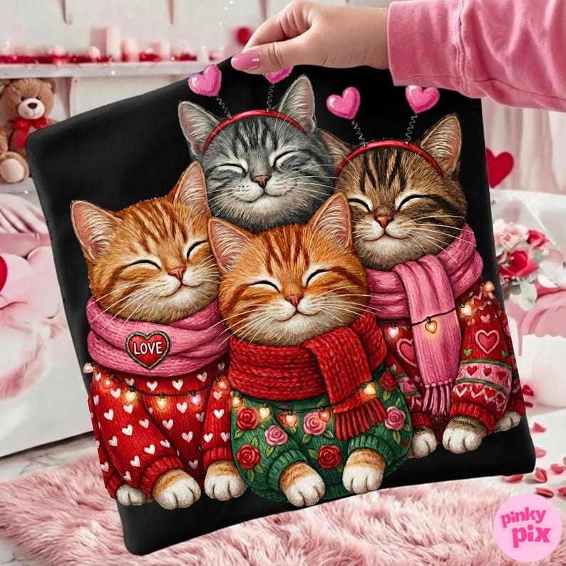 May include: Black pillow featuring four smiling cats wearing sweaters and scarves. The cats have headbands with hearts. The sweaters are red and green with heart and rose patterns. One scarf says "LOVE". The pillow is held by a person.