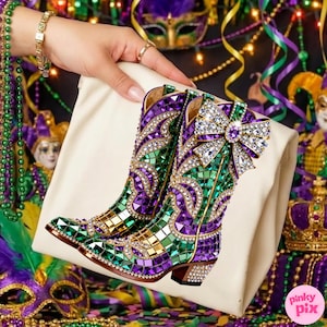 May include: A pair of embellished cowboy boots in green, purple, and gold mosaic tile design. The boots feature a large jeweled bow and are held on a cream-colored surface. The boots have a pointed toe and a small heel, with rhinestone accents.