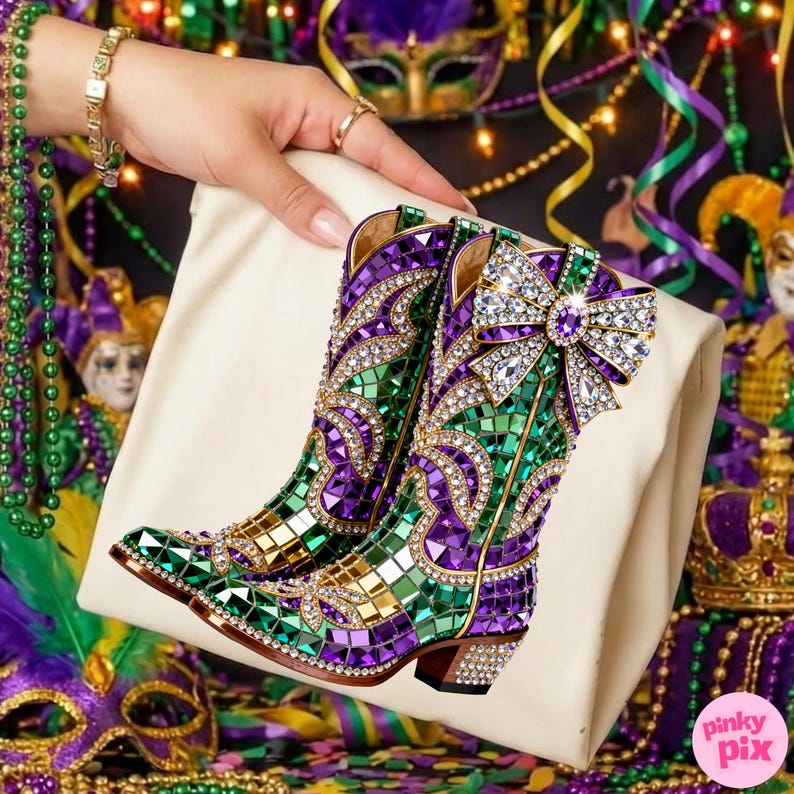 May include: A pair of embellished cowboy boots in green, purple, and gold mosaic tile design. The boots feature a large jeweled bow and are held on a cream-colored surface. The boots have a pointed toe and a small heel, with rhinestone accents.