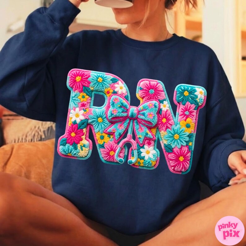 RN Nurse PNG: Floral Registered Nurse Faux Yarn Bow Sublimation Design, Trending Digital Download image 5